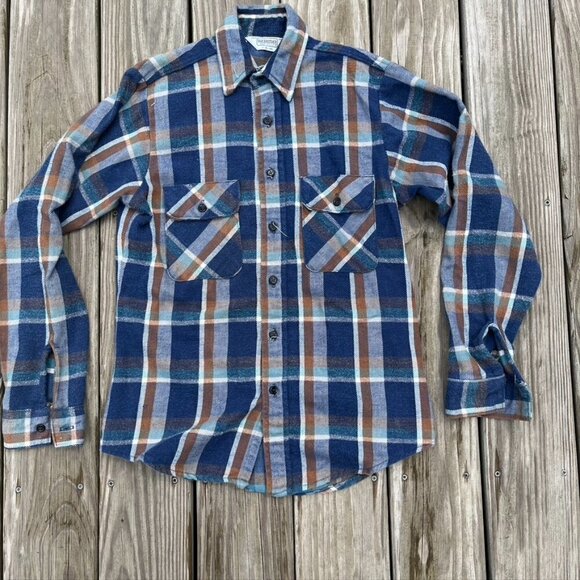 ** Five Brother 1970's Vintage Union Made Plaid Flannel Button Shirt Small - Picture 1 of 11